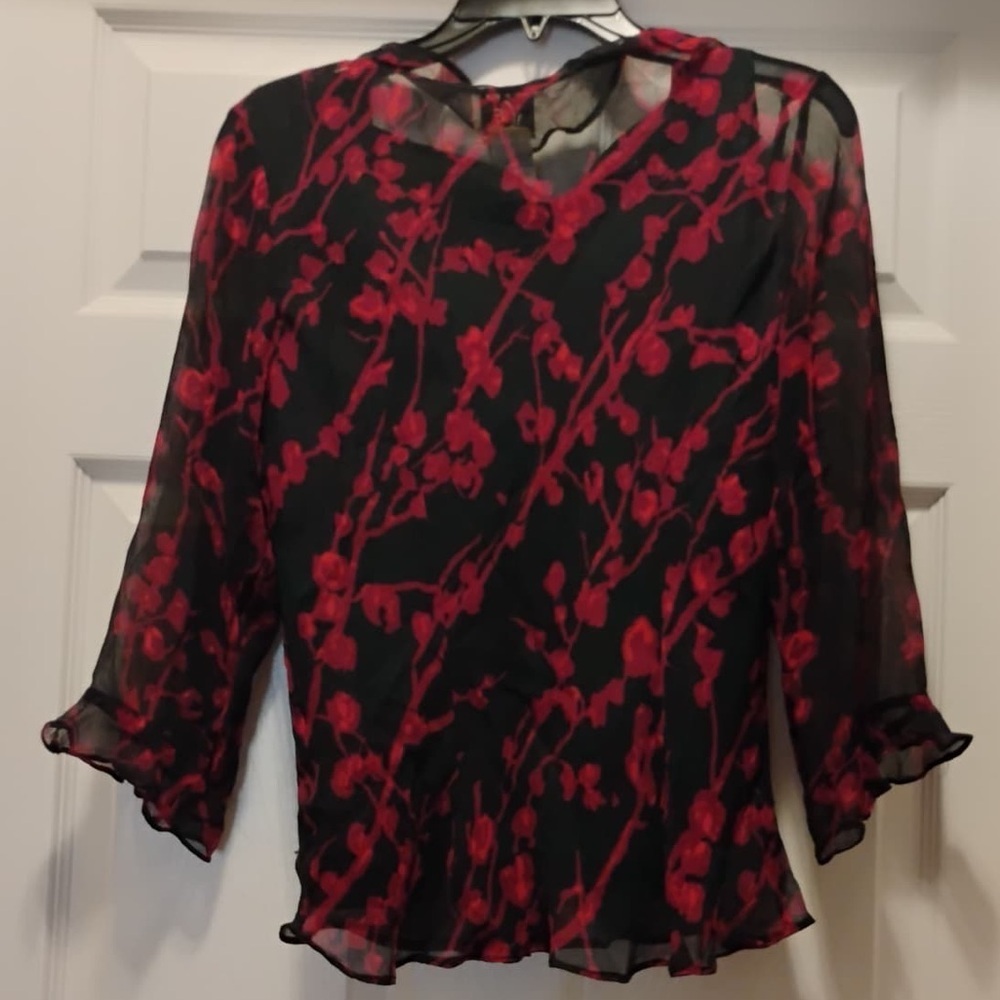 Vintage Ice 100% Silk Sheer Red Floral Blouse with Sequins Black Lining Size XL - Picture 5 of 6
